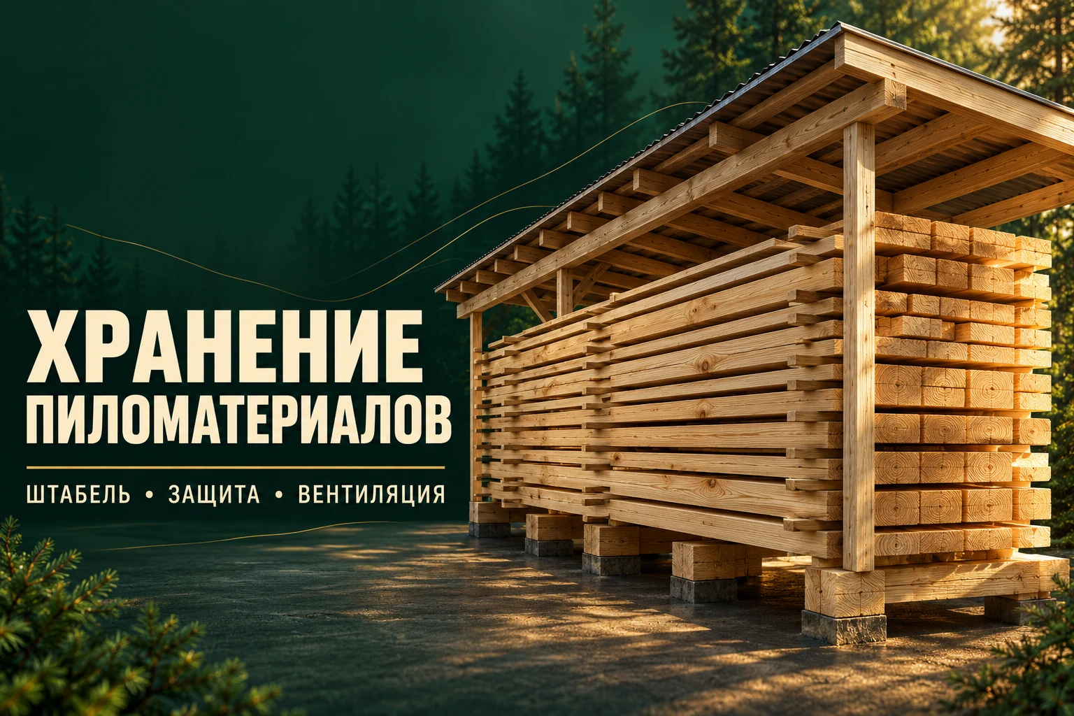 Рендер хранения пиломатериалов на опорах под навесом