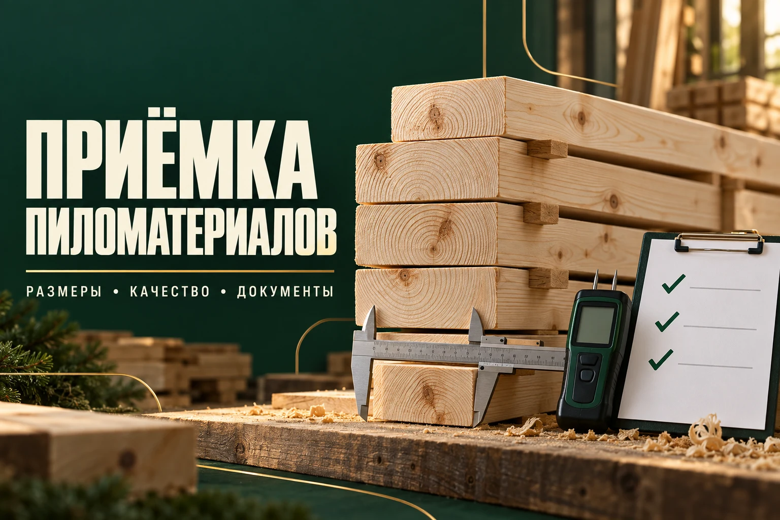 Рендер проверки пиломатериалов штангенциркулем и влагомером
