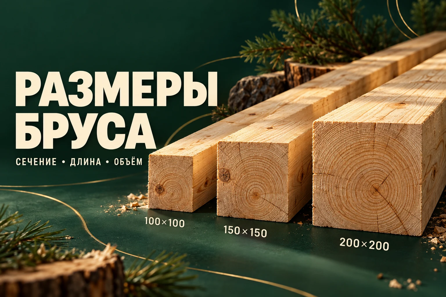 Рендер образцов бруса сечением 100×100, 150×150 и 200×200 мм